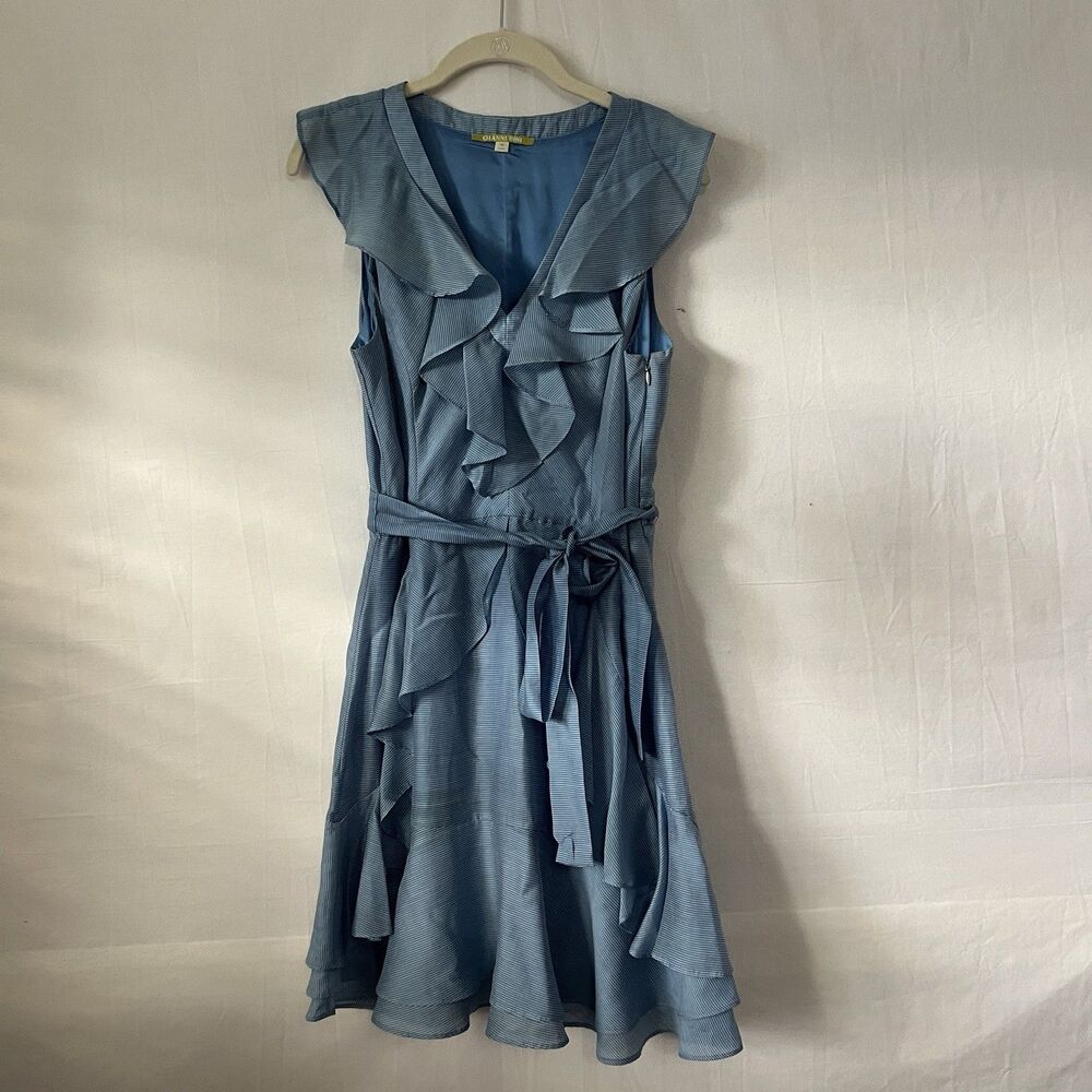 Gianni Bini Blue & White Striped Ruffle Tie Belt Classic Career Dress Size 10